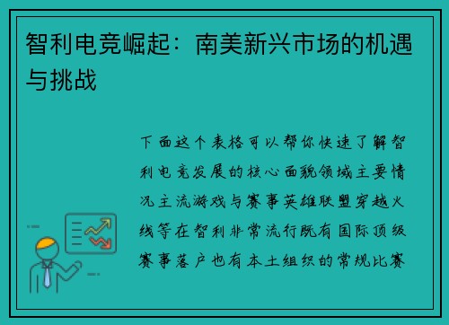 智利电竞崛起：南美新兴市场的机遇与挑战