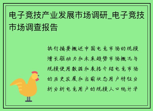 电子竞技产业发展市场调研_电子竞技市场调查报告